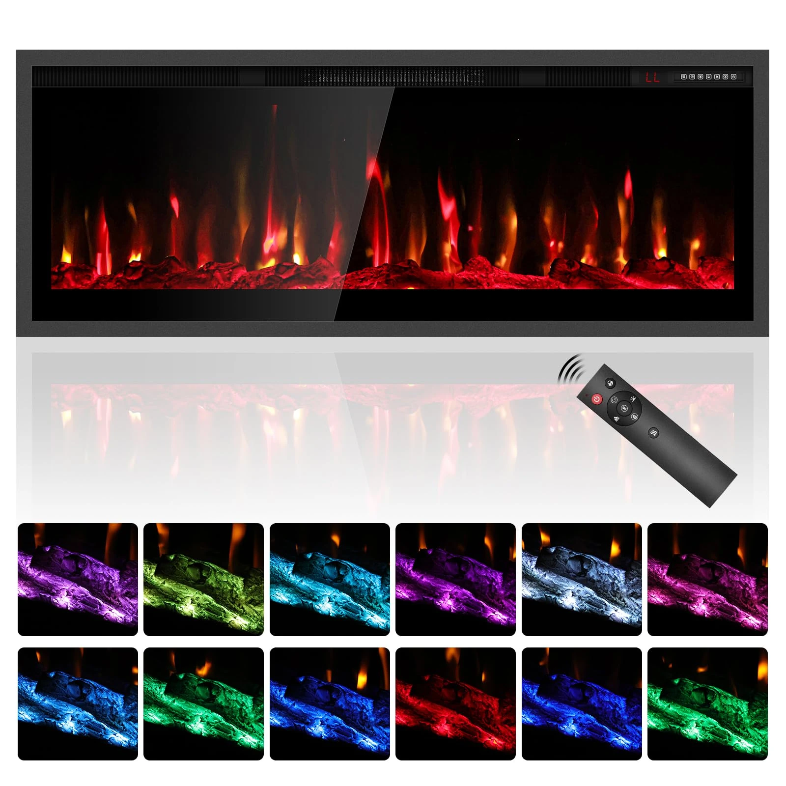 42" Electric Fireplace Heater, Wall Mount/Recessed, 1500W & 750W Modes, 7 Flame & 12 Ember Colors, Remote & Touchscreen Control, 8H Timer, 40dB Ultra-Quiet, UKCA/CE Certified Electric Fireplace