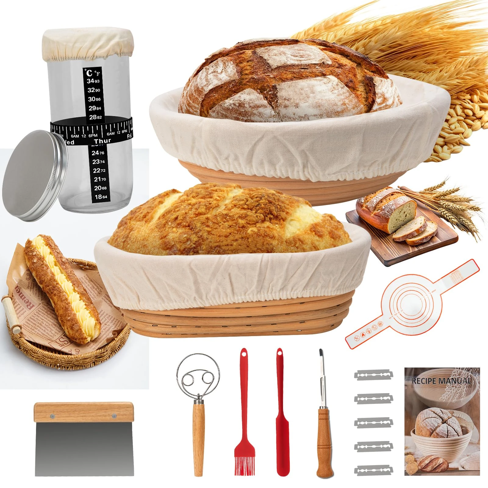 ANTREATU Sourdough Starter Kit, Natural Rattan Bread Proofing Basket, Bread Baking Supplies Include Bread Lame Dough Scraper Cloth Liner Starter Jar Baking Mat ＆ Essential Baking Tools