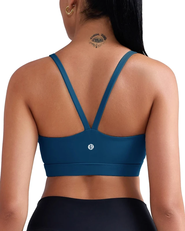 RUNNING GIRL Light Impact Sports Bras for Women, Molded Cup Thin Strappy Sports Bra with Sewn in Pads, Navy Blue, S
