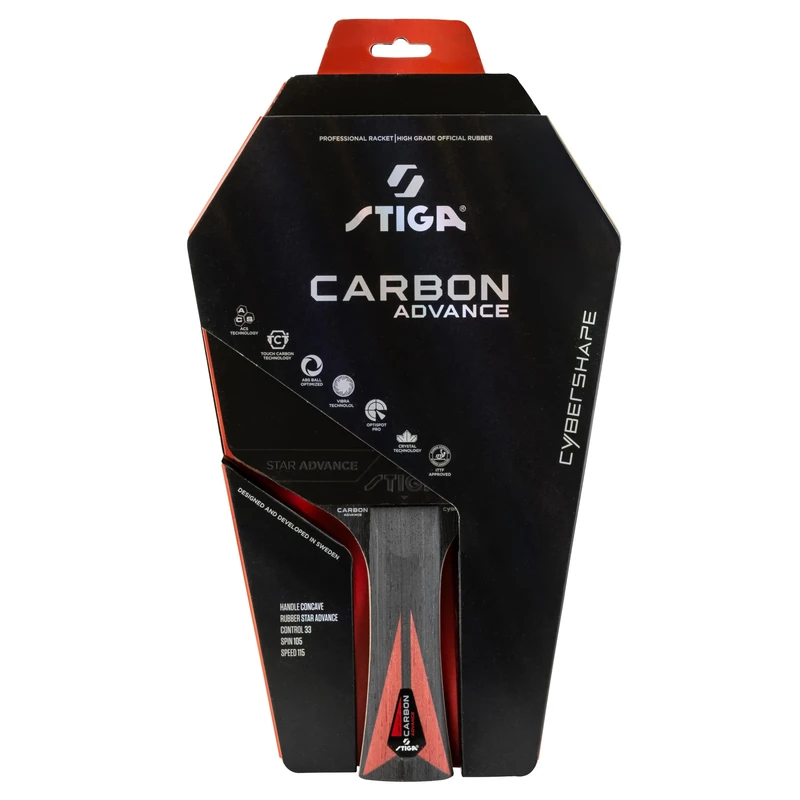 STIGA Carbon Advance Cybershape Table Tennis Bat – 5+2 Ply Blade with 5 Wooden and 2 Carbon Fibre Layers, Large, Optimised Sweet Spot & STAR Advance Rubber – For Ambitious Players