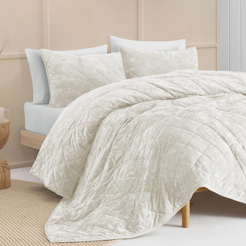 Wonderful Velvet Quilt King Size Bedding Set Beige, Lightweight Stitched Comforter with Shams, Luxury Diamond Bedspread Soft Coverlet with Brushed Back for All Season