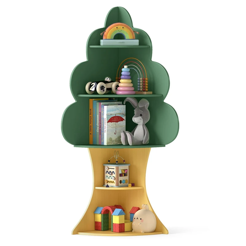 GYMAX 5-Tier Kids Bookcase, Wooden Children Bookshelf with Anti-toppling System, Tree-shaped Storage Shelf for Kid's Room Living Room Kindergarten