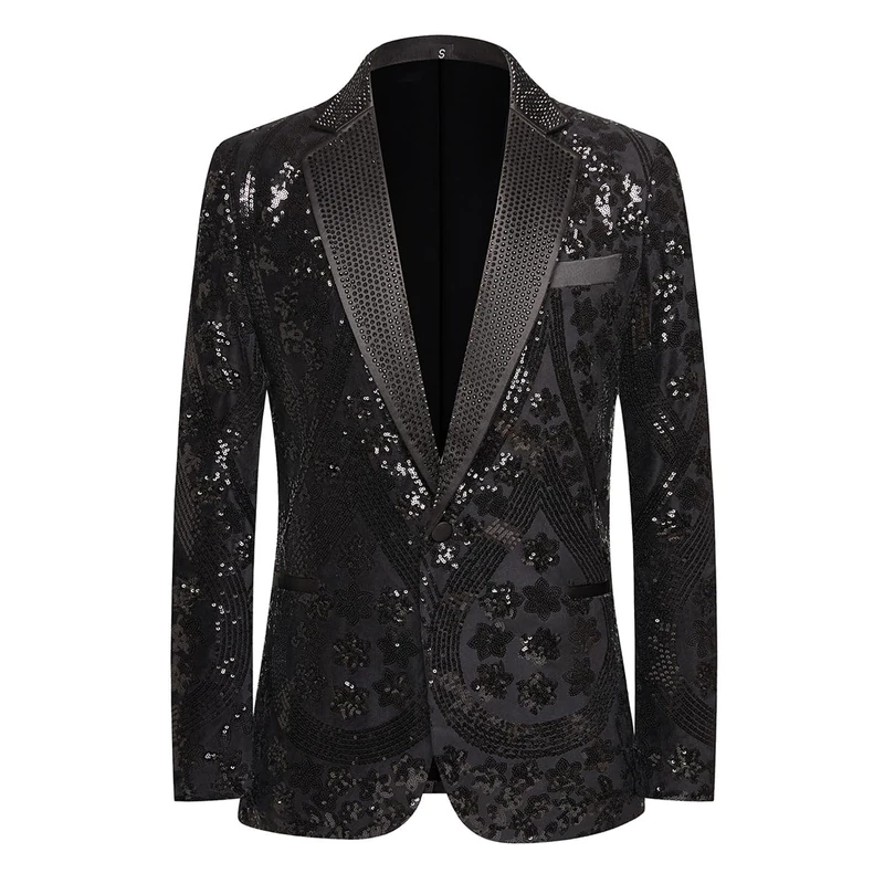 PYJTRL Men's Embroidered Sequin Floral Pattern Blazer Jacket with Rhinestone Notched Collar for Wedding Party Prom,Black,L