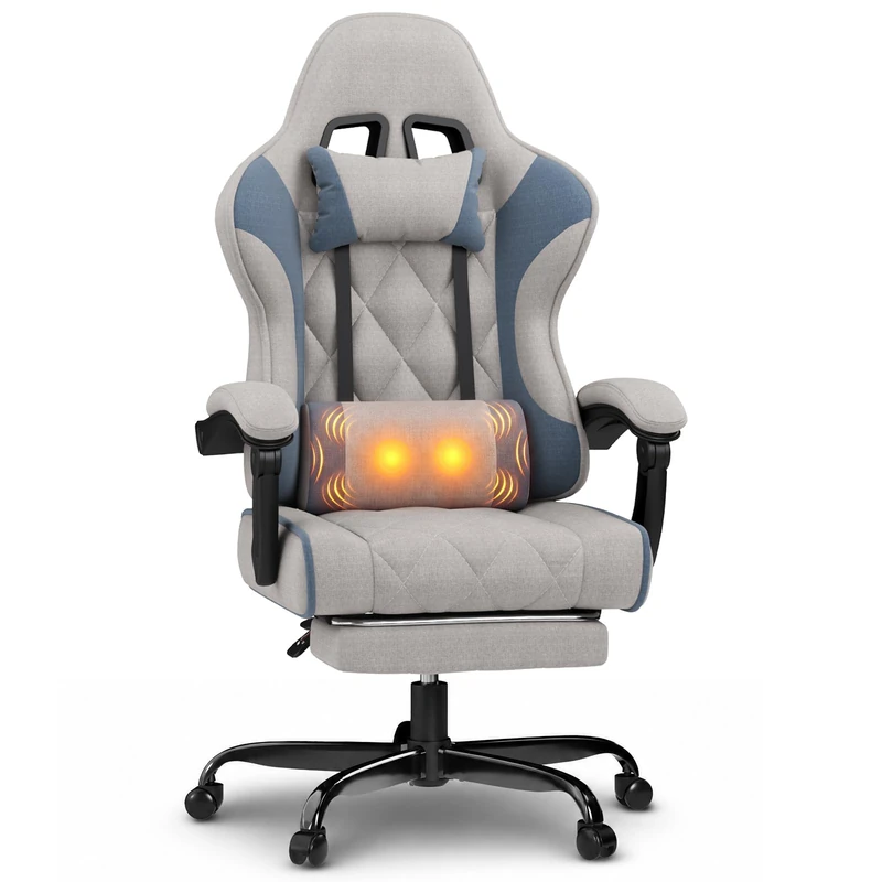JUMMICO Fabric Gaming Chair with Footrest – Ergonomic Reclining Gamer Chair for Adults with Pocket Spring Cushion, Headrest & Massage Lumbar Support, Blue