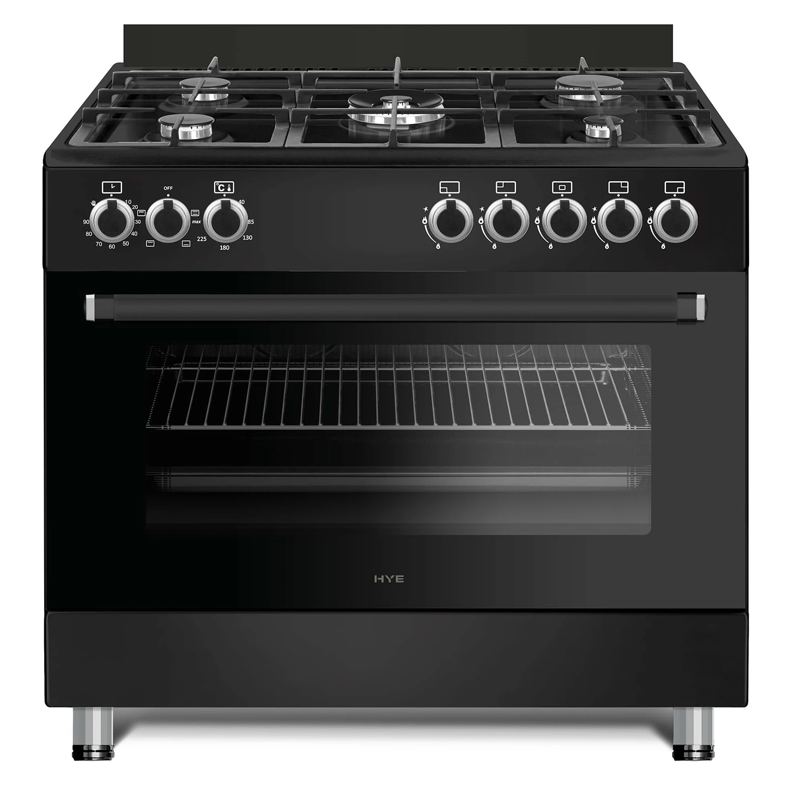 HYE Freestanding Range Gas Cooker 90cm with Large Single Electric Oven, 5 Gas Burners, Timer, Child Lock, Accessories, Digital Controls, Adjustable Alarm & Modern Black Finish – C01FS90G17