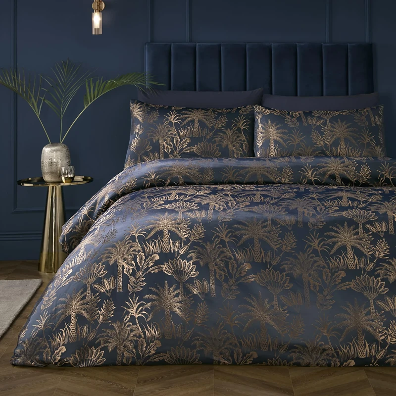 Soiree Midnight Palm Double Duvet Cover Set, 100% Recycled Polyester, 200x200cm, Navy, Jacquard Palm Tree Pattern with Metallic Yarn