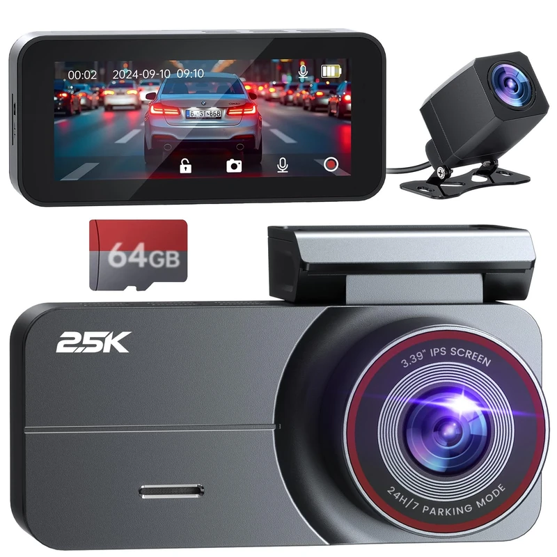 Dash Cam Front and Rear, 2.5K /1080P QHD Dual Dash Camera for Cars, Super Night Vision Dashcam, Loop Recording, 3.39” IPS, 64GB Card Included, 160° Wide Angle, Parking Mode - Obsidian Black Pro