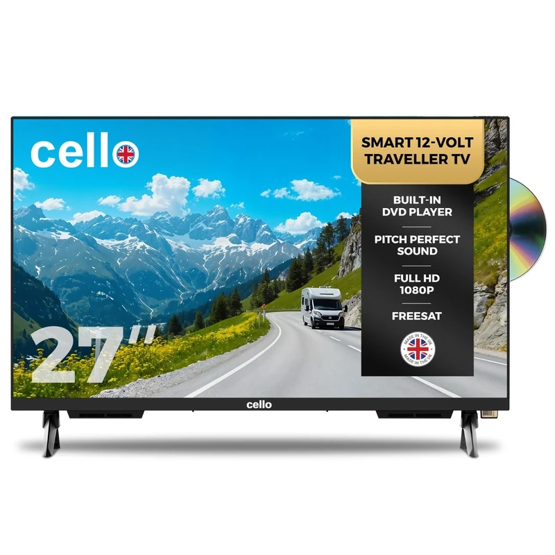 Cello C2725WSF 27 inch 12V Smart Traveller TV with DVD, WebOS, Freeview Play, Perfect Pitch Sound, Ideal for Caravans & Motorhomes, Made in the UK