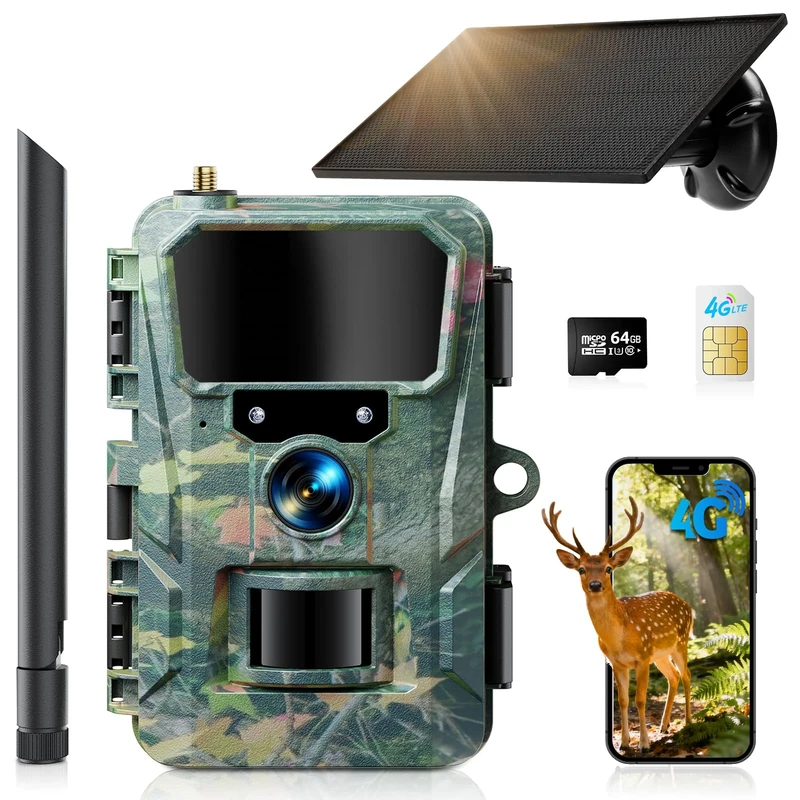 WOLFANG 4G LTE Cellular Wildlife Camera Solar Powered, 2K 48MP Trail Camera with 5200 mAh Battery, 2.0' Display, APP Control, Night Vision, 0.2s Trigger Motion Activated, IP66 Waterproof