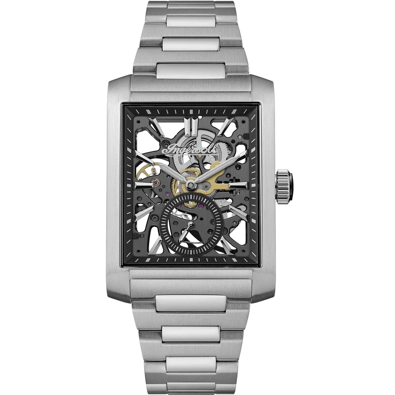 Ingersoll The Spur Mens 47mm Analogue Watch with Black Skeleton Dial and Silver Stainless Steel Bracelet I17001