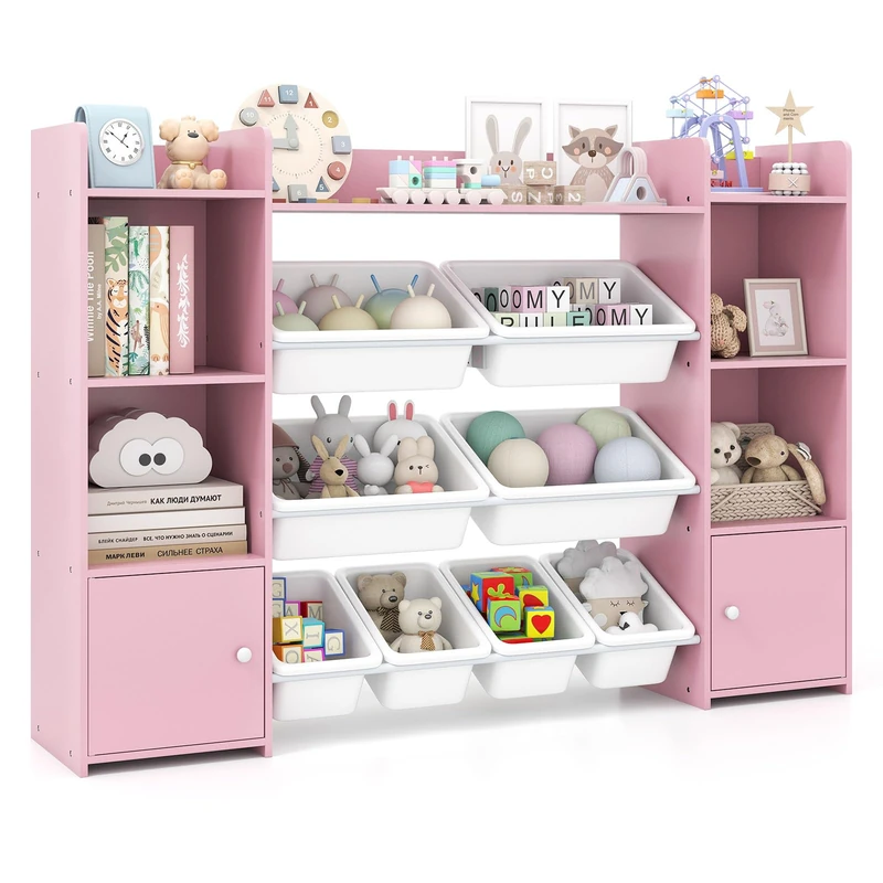 GYMAX Toy Storage Organizer, 4 Tiers Kids Bookshelf and Toy Storage Unit with 8 Bins, Open Shelves and 2 Enclosed Cabinets, Large Children Bookcase for Playroom Bedroom Nursery (Pink)