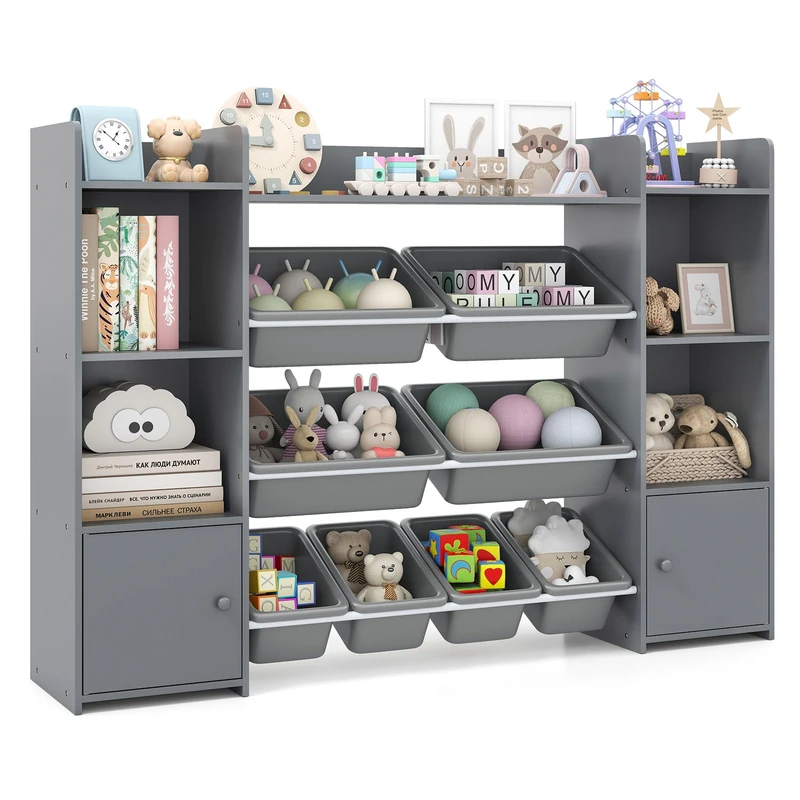 GYMAX Toy Storage Organizer, 4 Tiers Kids Bookshelf and Toy Storage Unit with 8 Bins, Open Shelves and 2 Enclosed Cabinets, Large Children Bookcase for Playroom Bedroom Nursery (Gray)