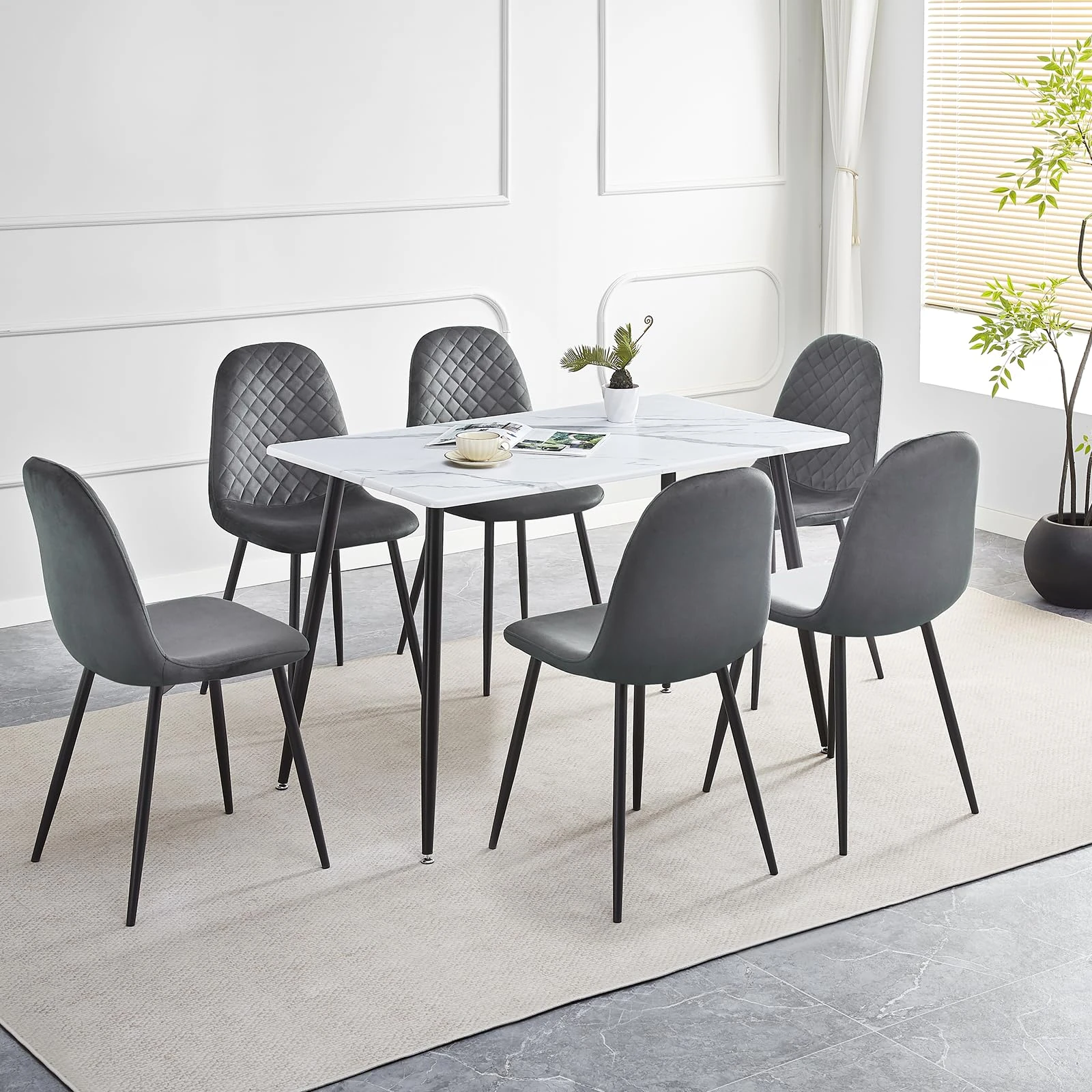 HomJoy Rectangular Dining Table and Chairs Set of 6 Marble Effect Wood Table White 120cm Modern Grey Velvet Padded Chairs 7 Piece Dining Room Kitchen Home Office Restaurant Pub Cafe