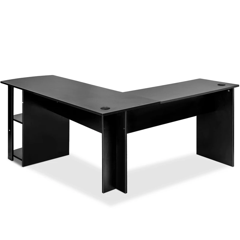FurnitureR L-Shaped Computer Desk – Black MDF & Metal Frame, Spacious Workstation with 2 Shelves, Ideal for Home Office or Study