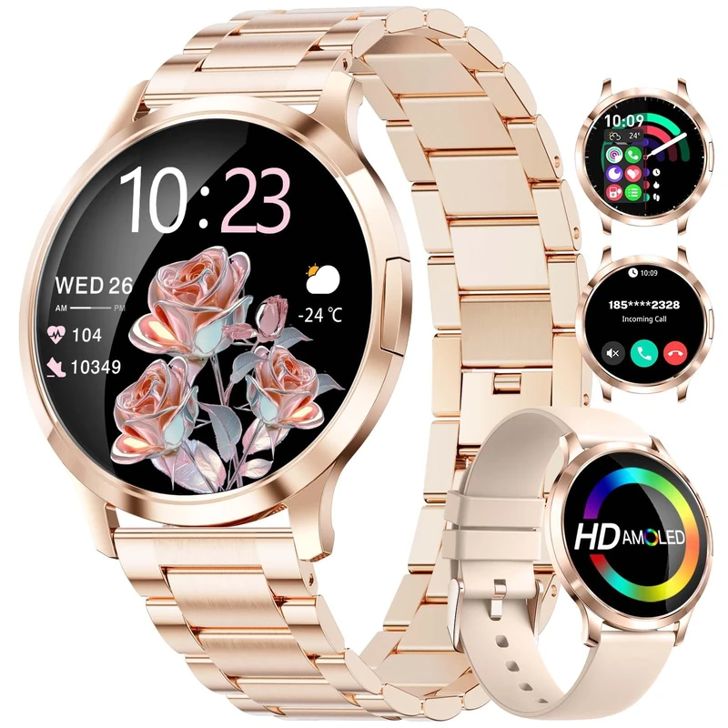 SUNKTA Thin Smart Watch for Women, 1.32" AMOLED HD Display Smart Watches, 100+ Sports Mode Fitness Tracker, 5ATM Womens Waterproof Watch with Bluetooth Calling/IP68/Sleep, Smartwatch for Android iOS