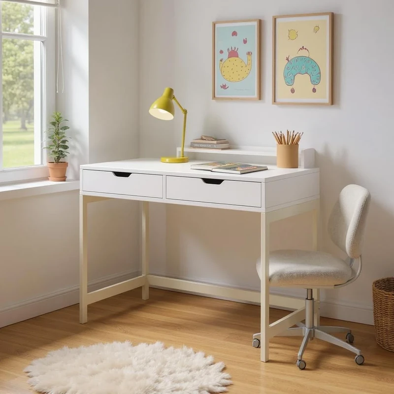 FurnitureR Kids Desk with 2 Drawers – White MDF & Metal Frame, Perfect for Study or Homework in Kids' Room