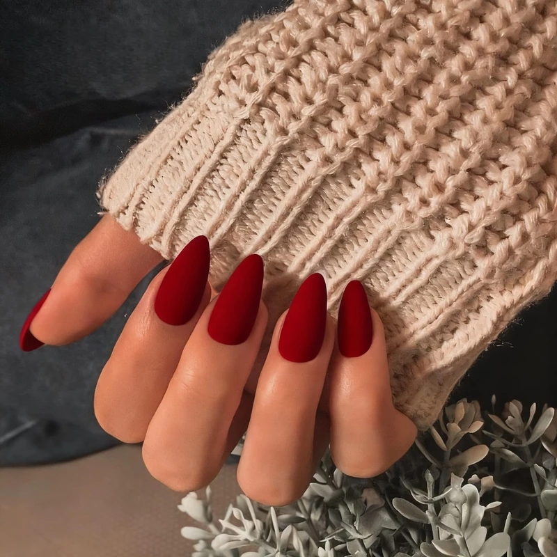 SXVME Soft Gel Press on Nails Almond Shape, Matte Red False Nails Medium Length, Natural Solid Color Fake Nails Set, Wine Red Stick on Nail for Women Fall Winter 24 Pcs