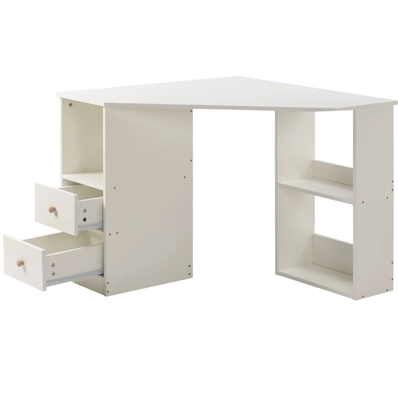 FurnitureR L-Shaped Computer Desk – White MDF & Metal Frame, Spacious Workstation with 2 Shelves, Perfect for Home Office or Study