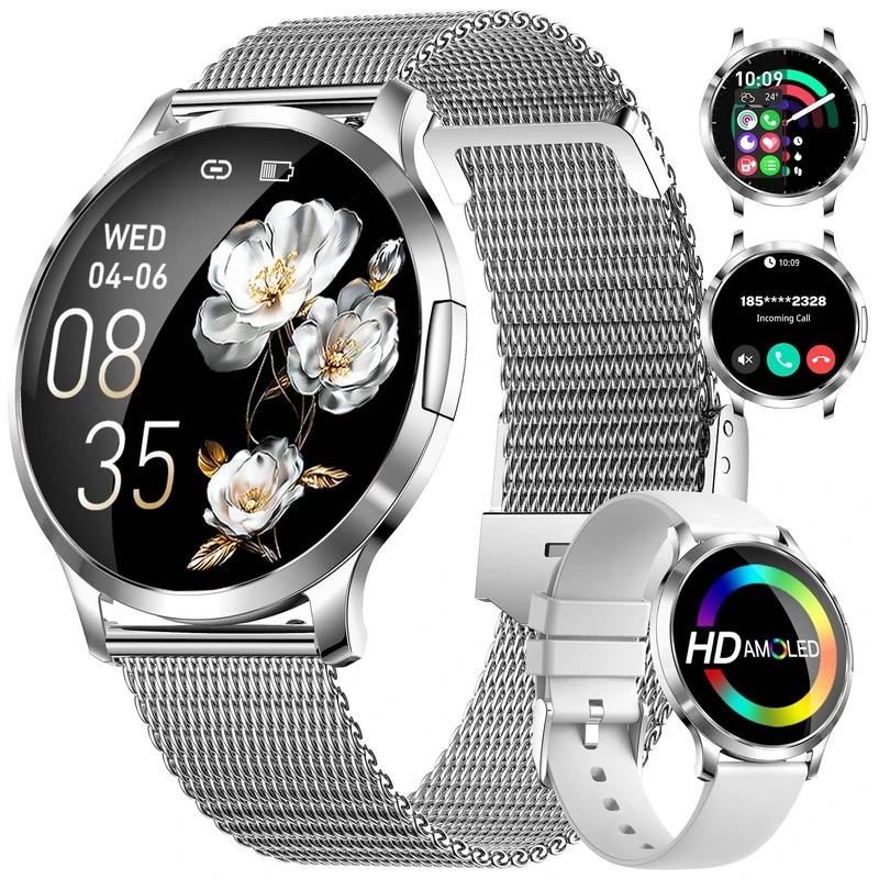 SUNKTA Thin Smart Watch for Women, 1.32" AMOLED Smart Watches, 100+ Sports Mode Fitness Tracker Watch, 5ATM Womens Waterproof Watches with Bluetooth Calling/IP68/Sleep, Smartwatch for Android iOS