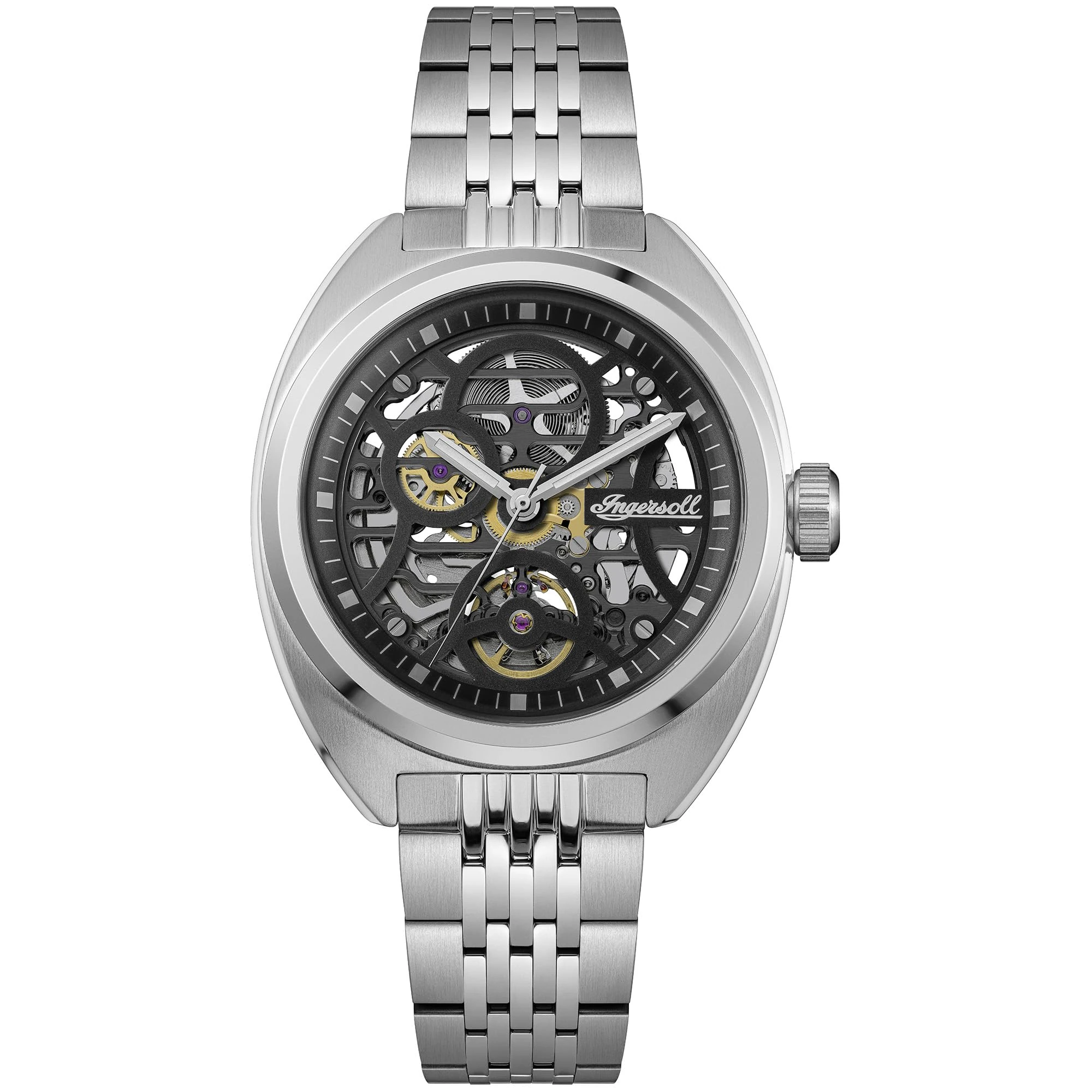 Ingersoll The Wrangler Mens 51mm Automatic Watch with Black Skeleton Dial and Silver Stainless Steel Bracelet I16901