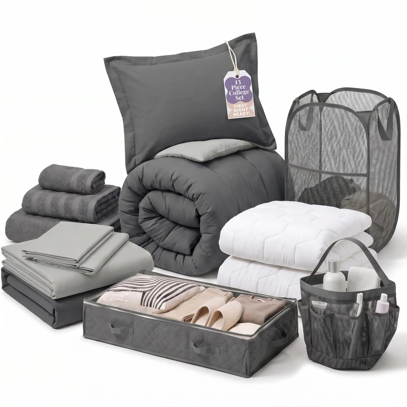 Hearth & Harbor Complete Dorm Room Set, Twin XL Comforter Set, Sheet Set, Mattress Protector, Towels and Organizers - All Dorm Accessories Included - Image 1