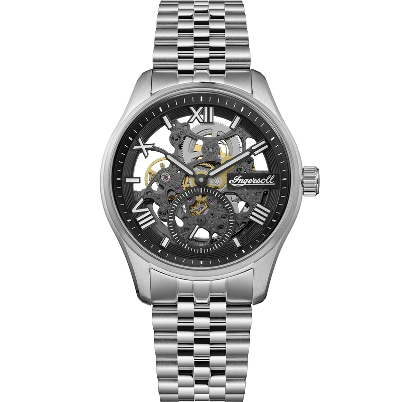 Ingersoll The Maverick Mens 48mm Automatic Watch with Black Skeleton Dial and Silver Stainless Steel Bracelet I17403