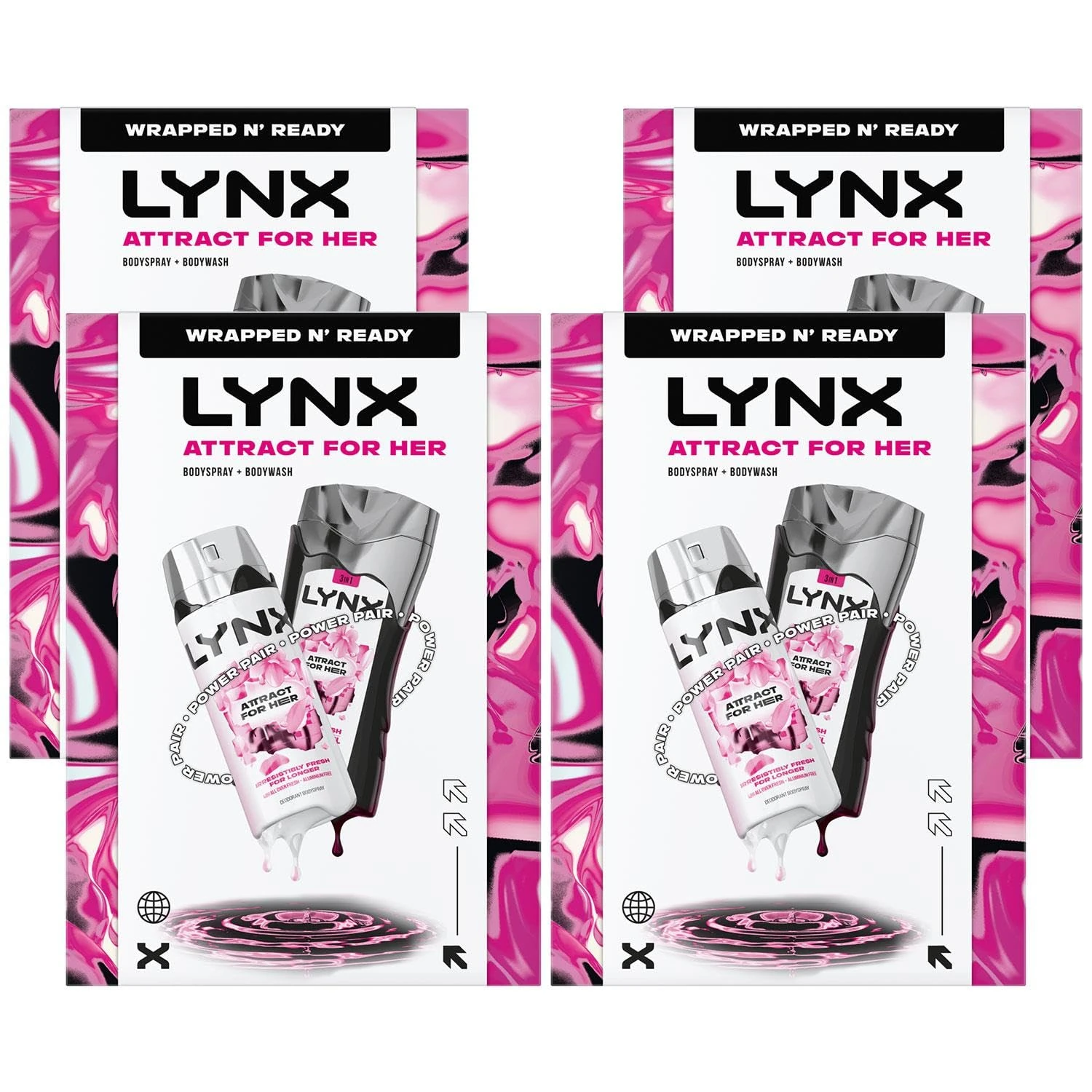 Lynx Attract for Her Gift Set, 4 Pack - 50ml Body Spray & 225ml Body Wash, Fresh Fragrance Duo, Feminine Scent, Great for Gifting or Everyday Use