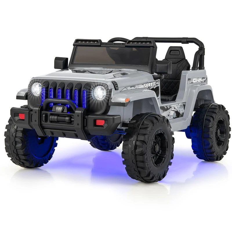 GYMAX Kids Ride on Car, 12V Battery Powered Toy Car with Remote Control, LED Lights, Bluetooth, USB, Radio, Safety Belt, Music & Horn, Children Electric UTV for Boys Girls (Grey)