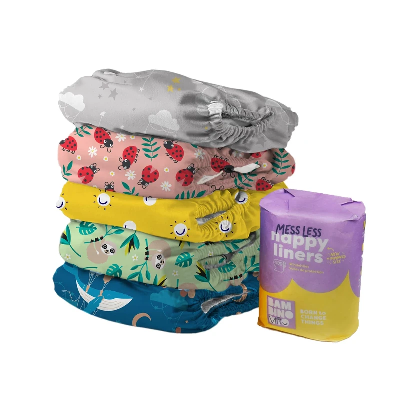 Bambino Mio, Reusable Cloth Nappy Set - The Give-it-a-go Washable Diaper Bundle, 5 x Nappies, 100 messless Liners, Your Heroes