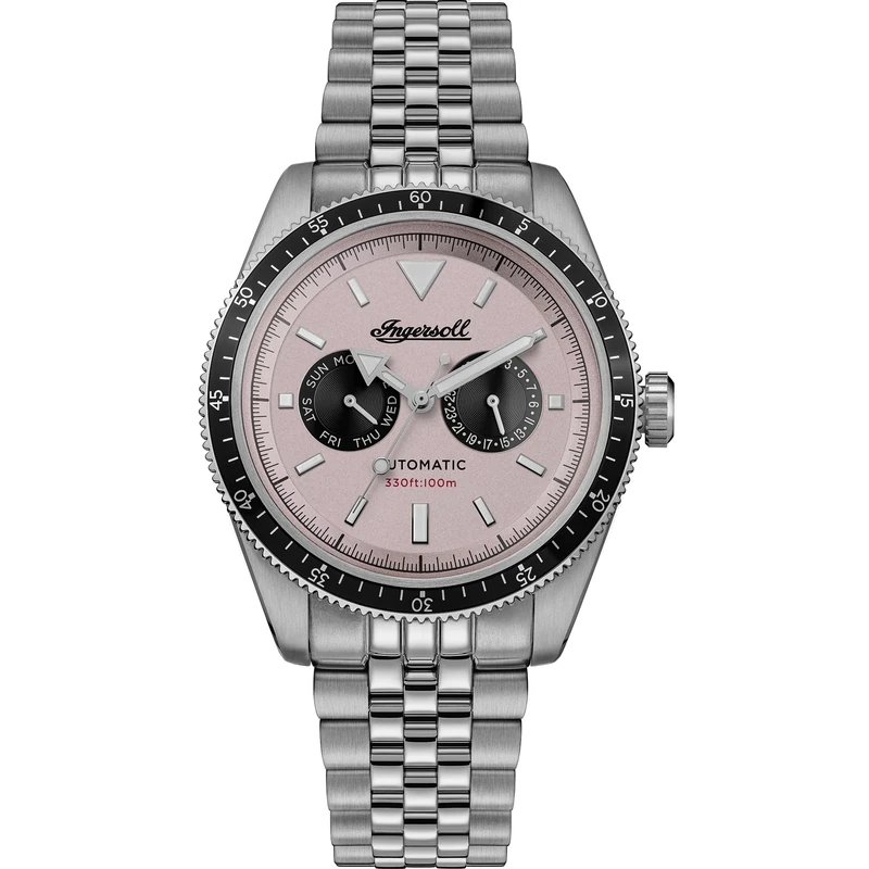 Ingersoll The Outlaw Mens 52mm Automatic Watch with Pink Dial and Silver Stainless Steel Bracelet I17201