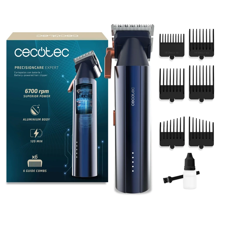 Cecotec Hair Clipper with Brushless Motor Digital PrecisionCare Expert. 6700rpm, 2 Speeds, 6 Guide Combs, Japanese Steel Blades, Aluminum Body, Autonomy 2h, Length Adjustment 0.8-2 mm