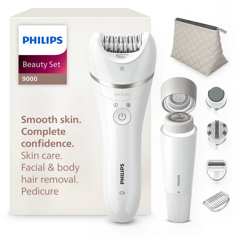 Philips Beauty Set 9000 Series - All-in-One Body Face and Foot Set, Electric Cordless Hair Remover, Use on Wet or Dry Skin, 6 Accessories, BRE770/92