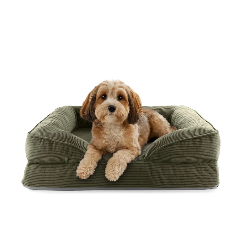 Lumaland Orthopaedic Dog Bed Made of Corduroy Ergonomic Dog Sofa 90 x 65 cm for Medium Dogs Non-Slip Floor Filling and Cover Washable Dog Basket with Memory Foam