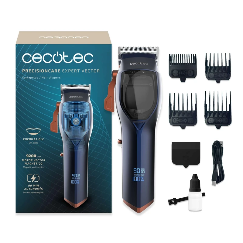Cecotec Hair Clipper with Magnetic Vector Motor PrecisionCare Expert Vector. 9200rpm, 4 Combs, DLC Stainless Steel and Ceramic Blade, Screen, Autonomy 90mins, Type C Charger
