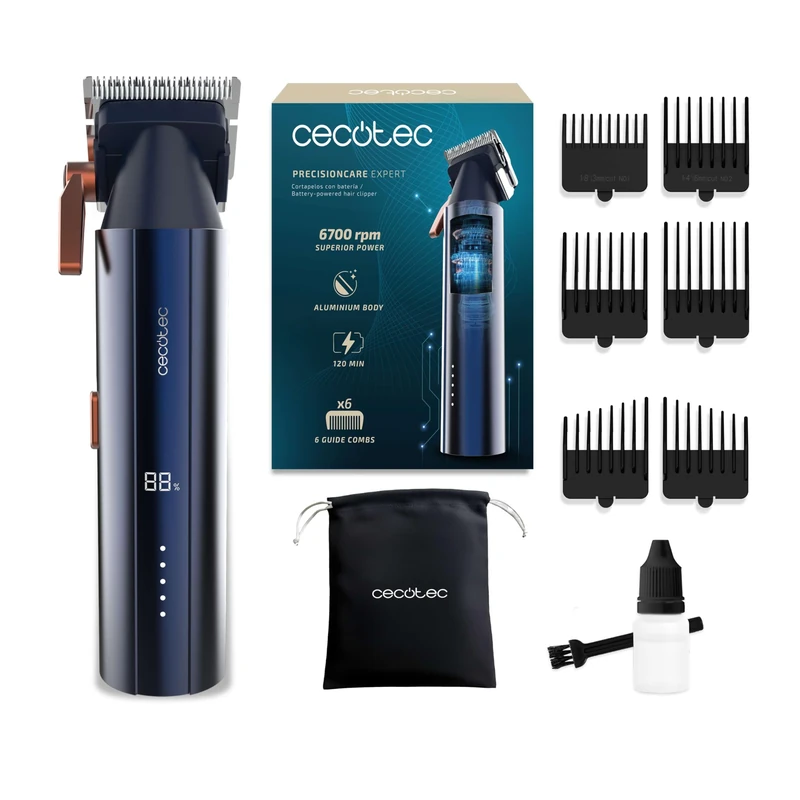 Cecotec PrecisionCare Expert Elite Hair Trimmer with Brushless Digital Motor 6700 RPM, 2 Speeds, 6 Guide Combs, Aluminium Housing, 2 Hours Running Time, Length Adjustment 0.8-2 mm, Transport Bag