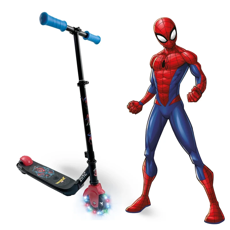 Zinc Marvel Spiderman Officially Licensed Electric Scooter Kids Ages 6+ - Light Up Wheels, Escooter with 4.9mph Speed, 60W Motor & 40min Ride Time - Red & Blue Electric Kick Scooter