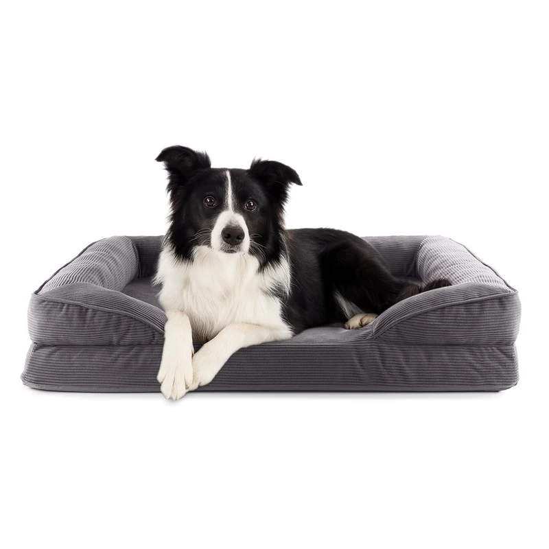 Lumaland Orthopaedic Dog Bed Made of Corduroy Ergonomic Dog Sofa 90 x 65 cm for Medium Dogs Non-Slip Floor Filling and Cover Washable Dog Basket with Memory Foam