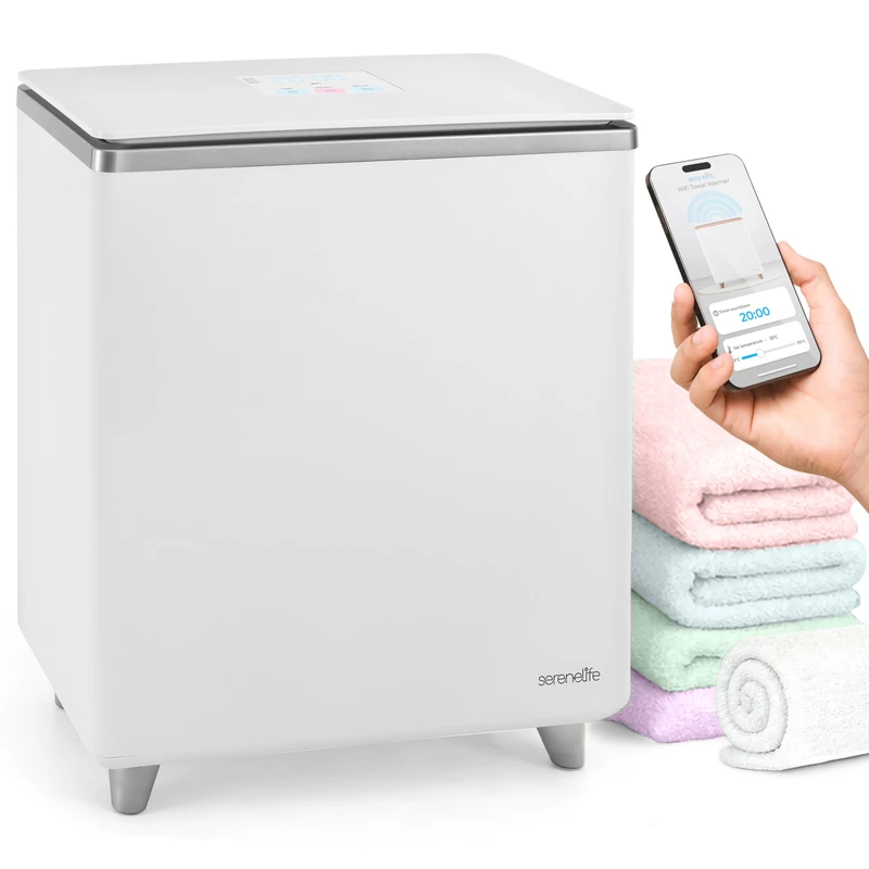 SereneLife WiFi Towel Warmer Bucket – Large Capacity Electric Blanket Warmer & Towel Heater, 20–60 Min Timer, Holds 2 Towels, Compact Design, Silver Finish