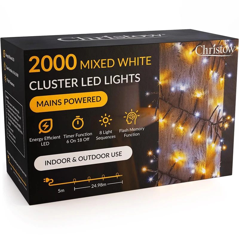 CHRISTOW 2000 LED Cluster Christmas Tree Lights, Mixed White Fairy Lights with Timer, 8 Light Modes, Energy Efficient 3mm Micro LEDs, Indoor & Outdoor, Mains Powered, Green Cable, 24.97m Lit Length