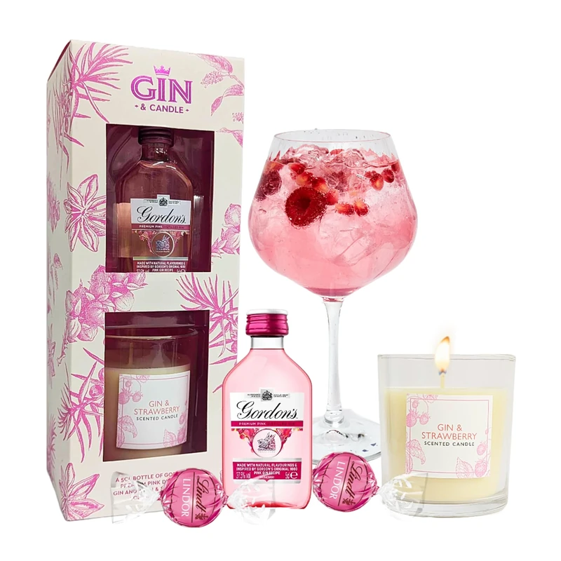 Pink Gin & Candle Gifts for Women - Flavoured Gin 5cl Miniature Alcohol Bottles, Scented Candle & 2 x Strawberry Chocolate Truffles. Gin Gift Set for Birthday Gifts, Christmas Stocking Fillers