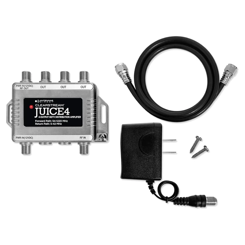 Antennas Direct ClearStream JUICE4 Distribution Amplifier, Output to 4 Televisions, CATV Systems, 4K 8K Ready – w/Power Supply, Coaxial Cable (Silver) - Image 1