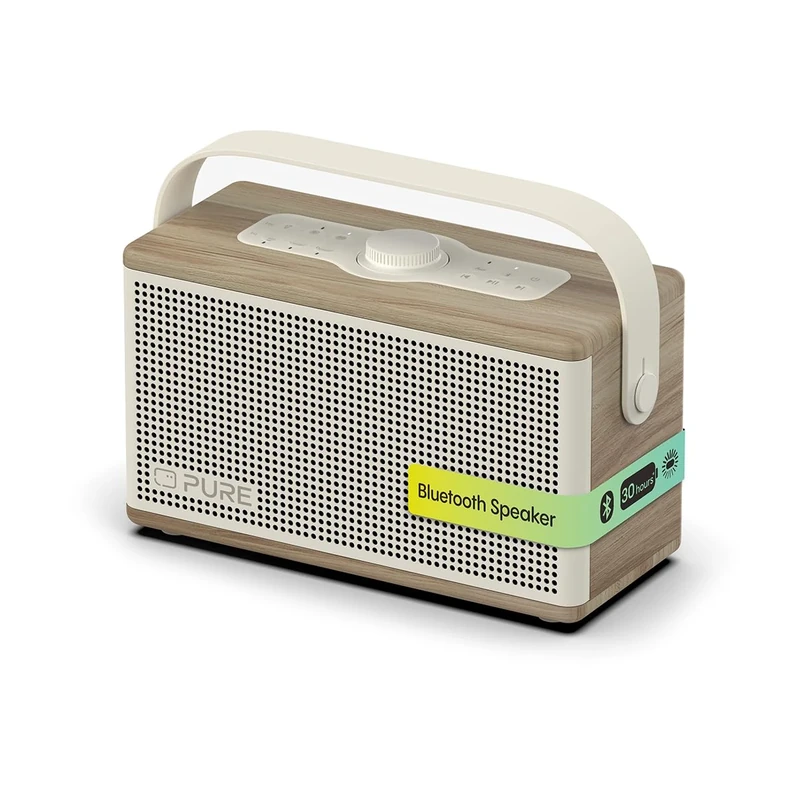 Pure Classic Aura Portable Bluetooth Speaker 40W with 5000mAh Battery, Powerbank Function, Ambient Light, 30h Playtime, USB-C, AUX, IPX2 Splashproof – Cotton White/Oak