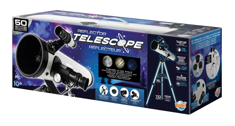 Telescope 50 activities – Reflector telescope for children 76 mm metal – 3 interchangeable eyepieces – Adjustable aluminium tripod – 50 activities over air, planets and moon – from 8 years
