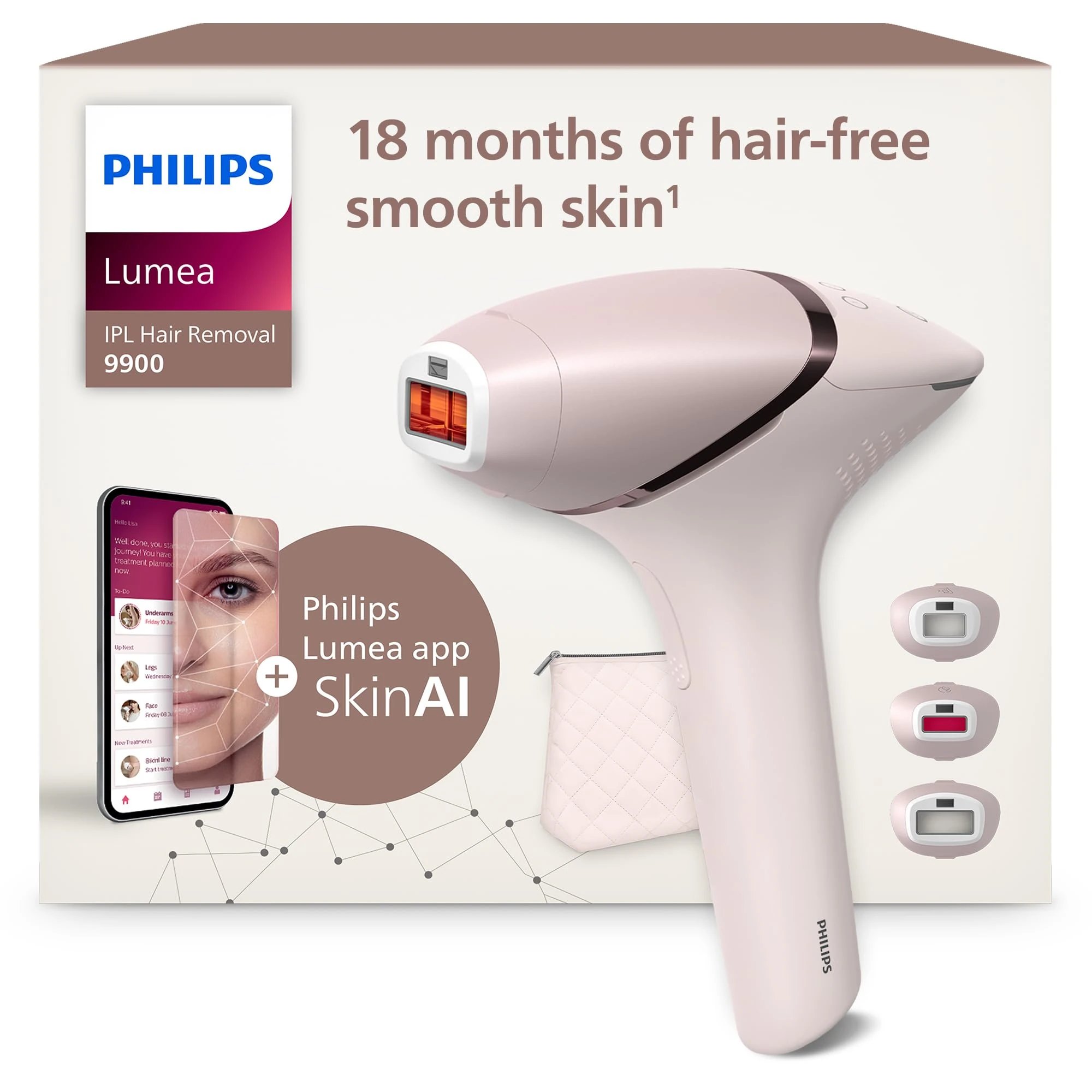 Philips Lumea 9900 Series, IPL Hair Removal Device, Laser Hair Removal Alternative, SenseIQ and SkinAI Technology, 3 Attachments for Body, Face and Precision Areas, Corded & Cordless Use, BRI953/02