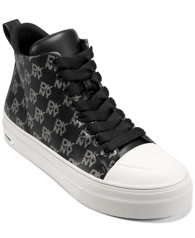 DKNY Women's Yaser Logo-Lace Up Mid Sneaker, Black and Nickel, 7.5 UK