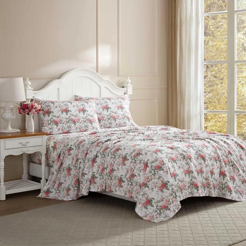 Laura Ashley - Queen Sheet Set, Buttery-Soft Bed Sheets w/a Naturally Silky Smooth Cotton Sateen Lightweight Feel - Matching Pillowcases & Fitted Sheet (Bettinas Blooms Red)