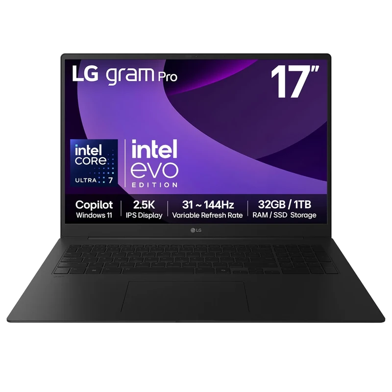 LG gram Pro 17Z90TP - 17 Inch 2.5K IPS 144Hz VRR, Ultra-Lightweight Laptop, Intel Core Ultra 7 255H - EVO Edition, 32GB RAM, 1TB SSD, Windows 11 Home, gram Hybrid AI, Copilot, Black (2025)