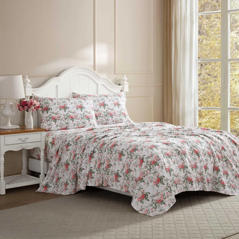 Laura Ashley - King Sheet Set, Buttery-Soft Bed Sheets w/a Naturally Silky Smooth Cotton Sateen Lightweight Feel - Matching Pillowcases & Fitted Sheet (Bettinas Blooms Red)
