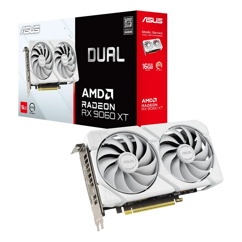 ASUS Dual Radeon™ RX 9060 XT 16GB GDDR6 White Edition (PCIe 5.0, 16gB GDDR6, HDMI 2.1b, DisplayPort 2.1a, 2.5-Slot Design, Axial-tech Fan Design, 0dB Technology, and More)