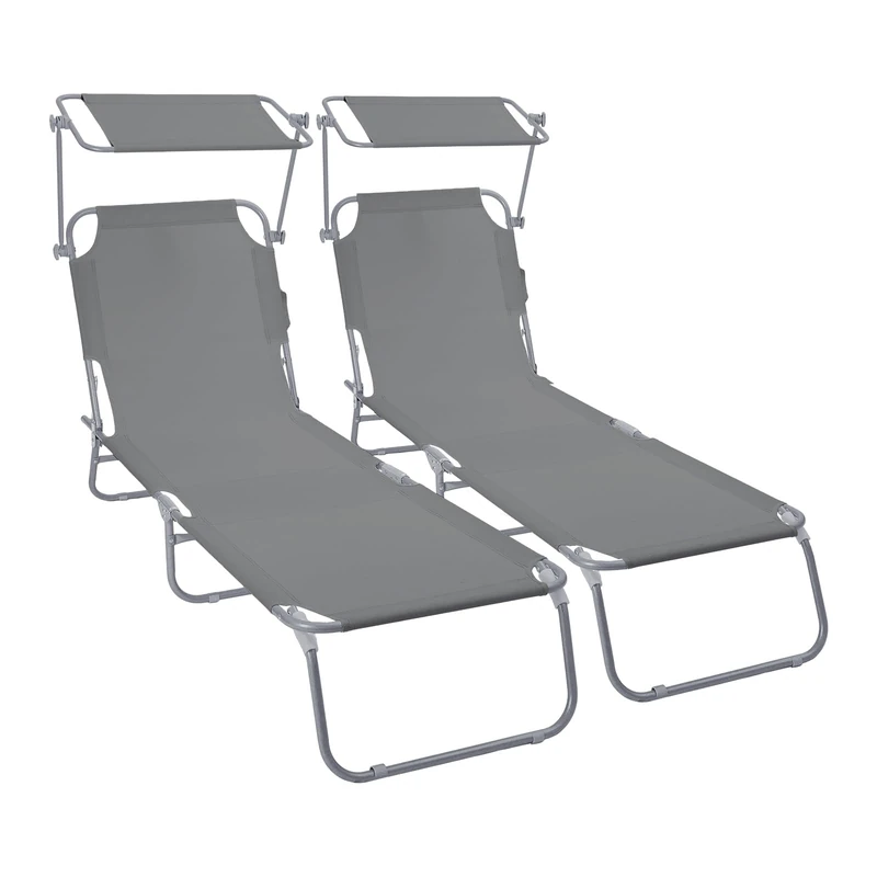 VOUNOT® Set of 2 Folding Sun Lounger with Adjustable Backrest & Sunshade, 4-Position Reclining Sun Bed, Portable Outdoor Garden Chair, Max Load 120kg, Grey